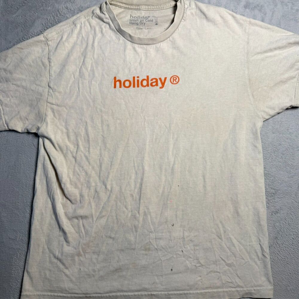 Vintage grunge Holiday Brand T Shirt Orange Text Short Sleeve Size Large